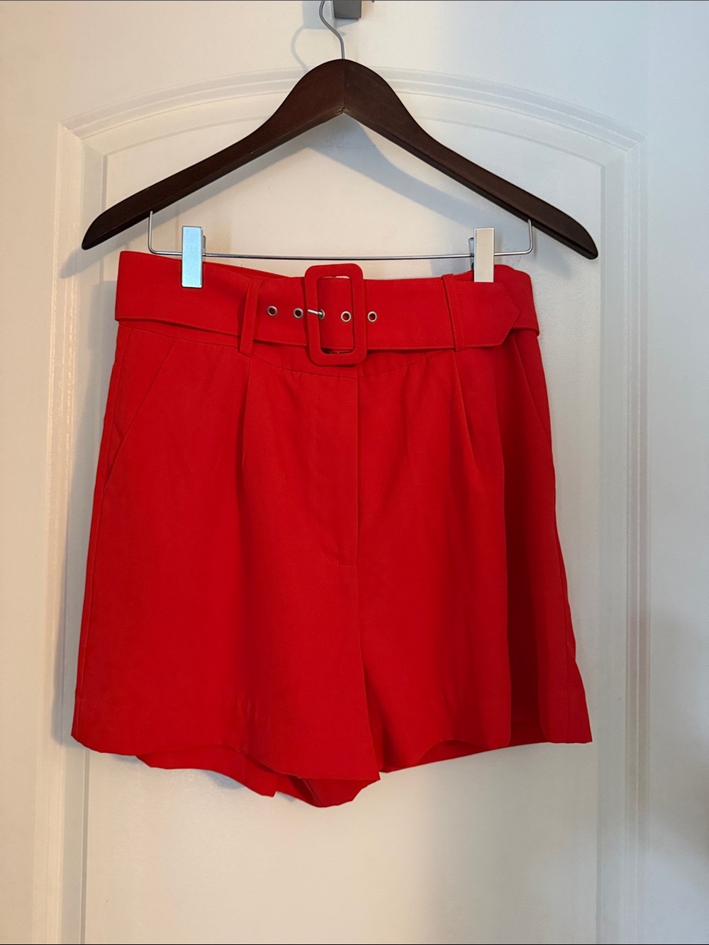 Skies Are Blue Bright Red High-Waist Belted Shorts